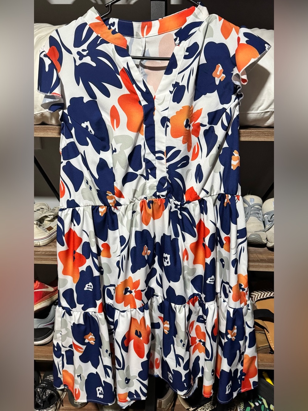 SHEIN White Midi Dress with Navy & Orange Floral Print